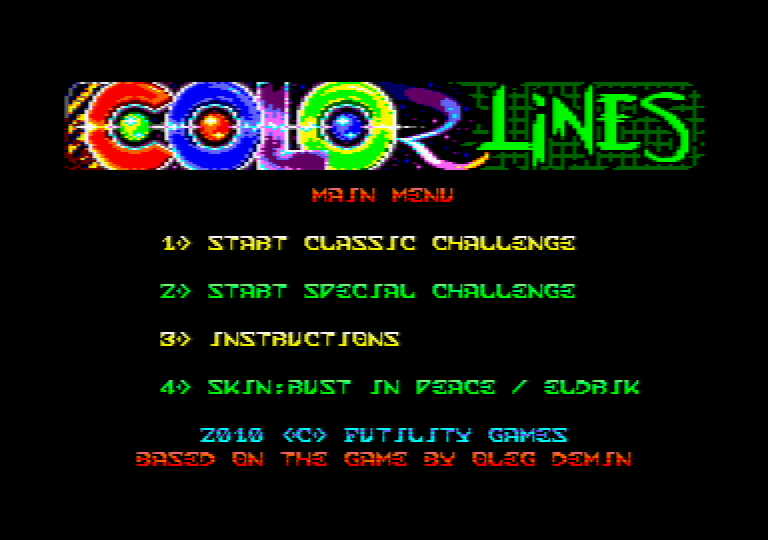 écran de menu du jeu Amstrad CPC Color Lines