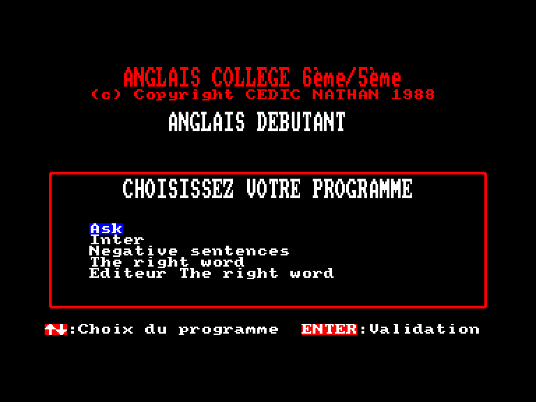 screenshot of the Amstrad CPC game Anglais Colleges 6e-5e by GameBase CPC