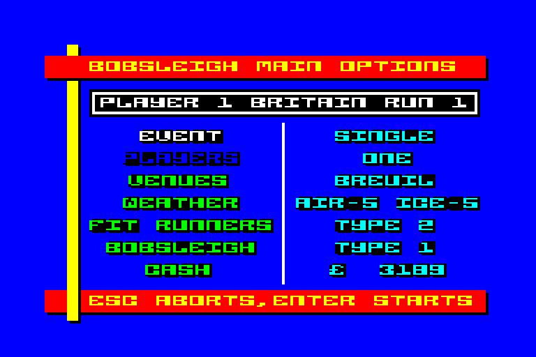 screenshot of the Amstrad CPC game Bobsleigh by GameBase CPC