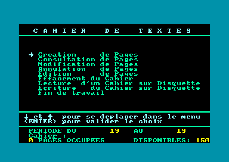 screenshot of the Amstrad CPC game Cahier de textes by GameBase CPC