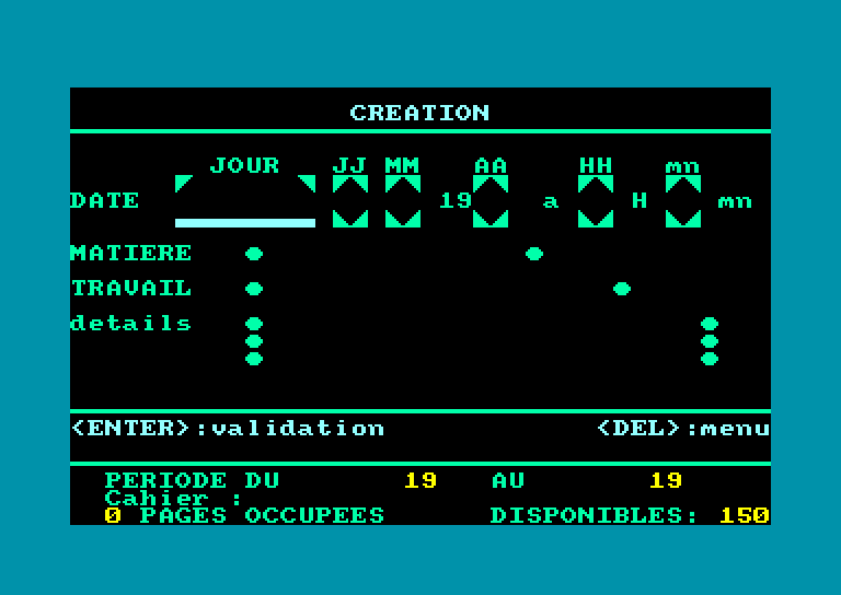 screenshot of the Amstrad CPC game Cahier de textes by GameBase CPC