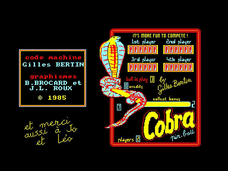 screenshot of the Amstrad CPC game Cobra pinball by GameBase CPC