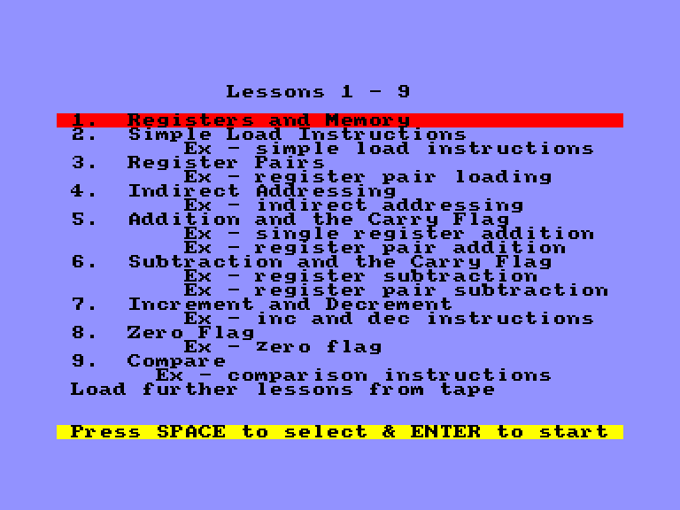 screenshot of the Amstrad CPC game Complete Machine Code Tutor by GameBase CPC