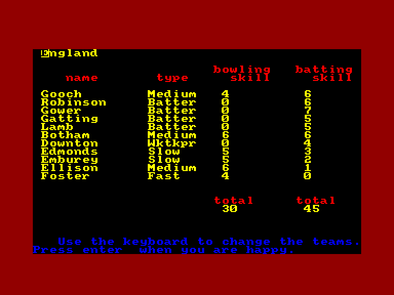 screenshot of the Amstrad CPC game Cricket international by GameBase CPC