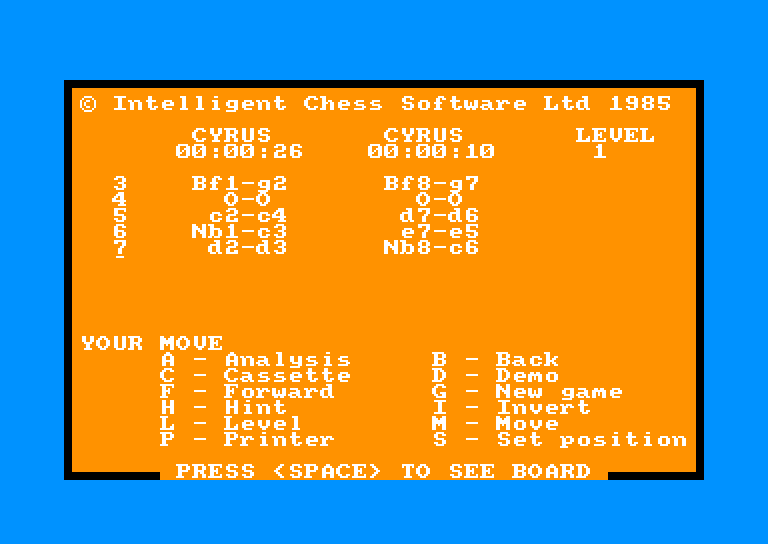 screenshot of the Amstrad CPC game Cyrus II Chess by GameBase CPC