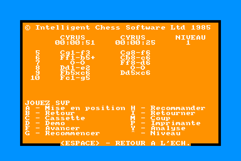 screenshot of the Amstrad CPC game Cyrus II Chess by GameBase CPC