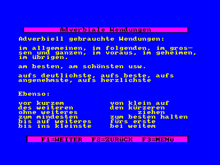 screenshot of the Amstrad CPC game Deutsch-Stunde 1 (die) by GameBase CPC