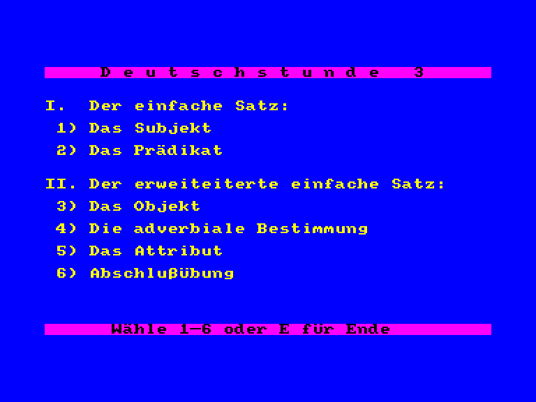screenshot of the Amstrad CPC game Deutsch-Stunde 3 (die) by GameBase CPC