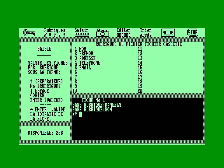 screenshot of the Amstrad CPC game Gestion de Fichiers by GameBase CPC