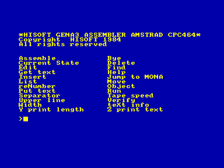 screenshot of the Amstrad CPC game Hisoft Devpac by GameBase CPC
