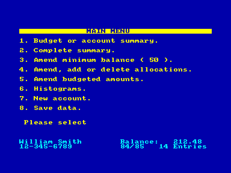 screenshot of the Amstrad CPC game Home Accounts Manager by GameBase CPC