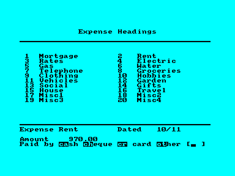 screenshot of the Amstrad CPC game Home Accounts Manager by GameBase CPC