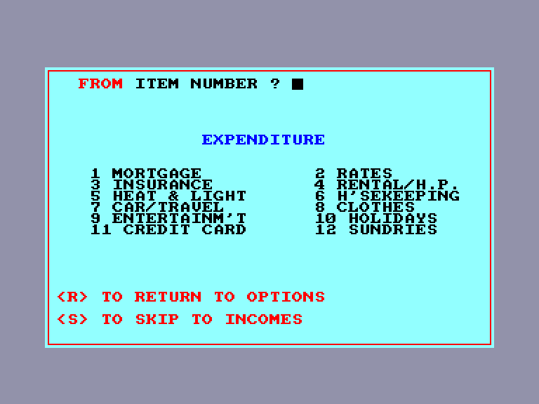 screenshot of the Amstrad CPC game Home Budget by GameBase CPC