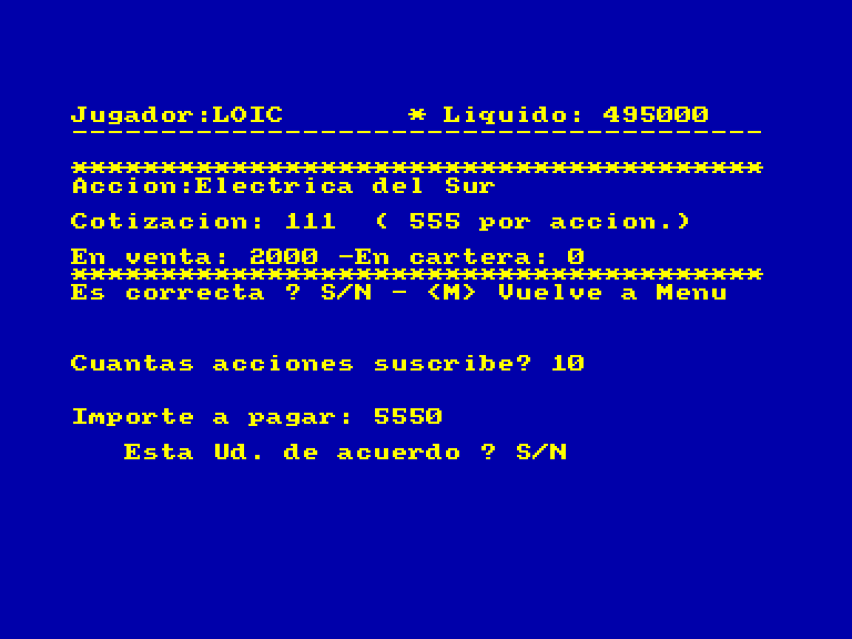 screenshot of the Amstrad CPC game Invierte y gana by GameBase CPC