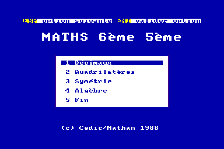 screenshot of the Amstrad CPC game Maths 6eme 5eme by GameBase CPC