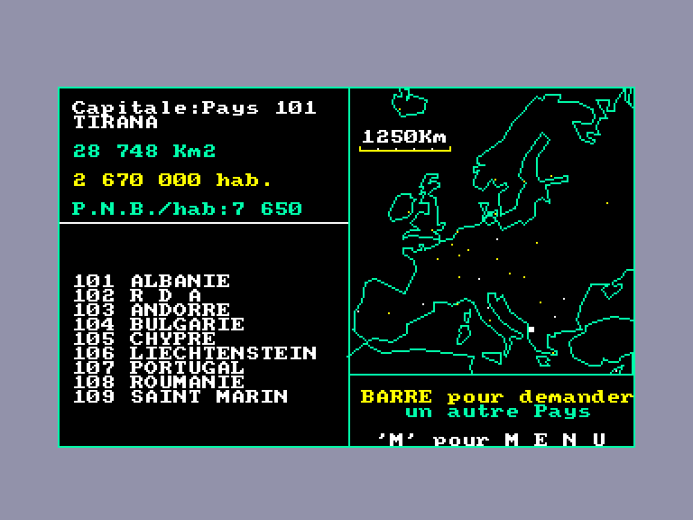 screenshot of the Amstrad CPC game Géographe - monde (le) by GameBase CPC