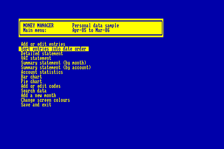 screenshot du jeu Amstrad CPC Money manager