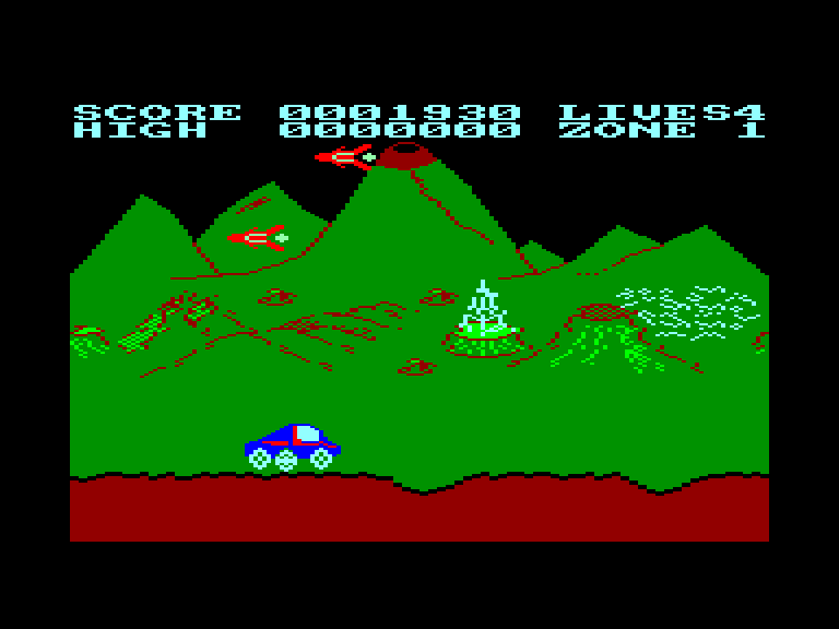screenshot of the Amstrad CPC game Moon buggy by GameBase CPC