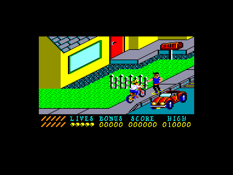 screenshot of the Amstrad CPC game Paperboy by GameBase CPC