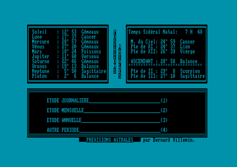 screenshot of the Amstrad CPC game Previsions Astrales by GameBase CPC