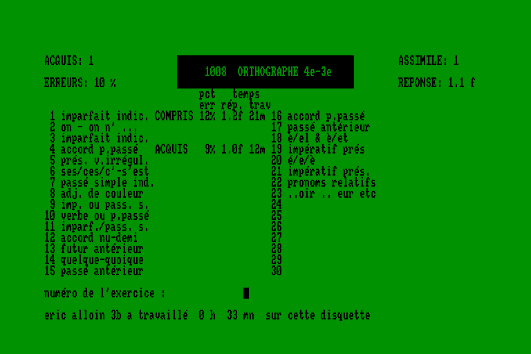 screenshot of the Amstrad CPC game Reussir orthographe 4e - 3e by GameBase CPC