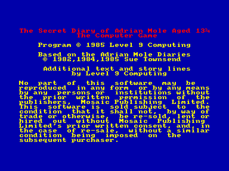 screenshot of the Amstrad CPC game Secret Diary of Adrian Mole (the) by GameBase CPC