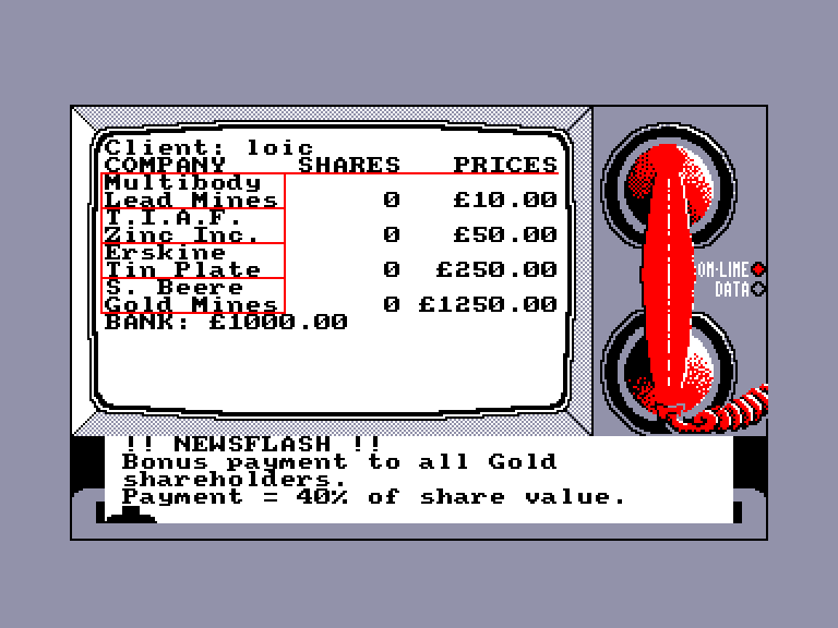 screenshot of the Amstrad CPC game Stockmarket by GameBase CPC