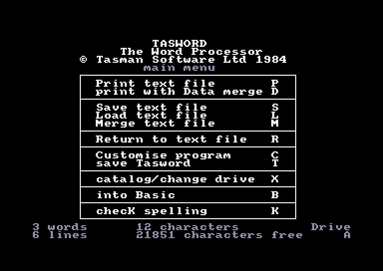 screenshot of the Amstrad CPC game Tasword 464-D by GameBase CPC