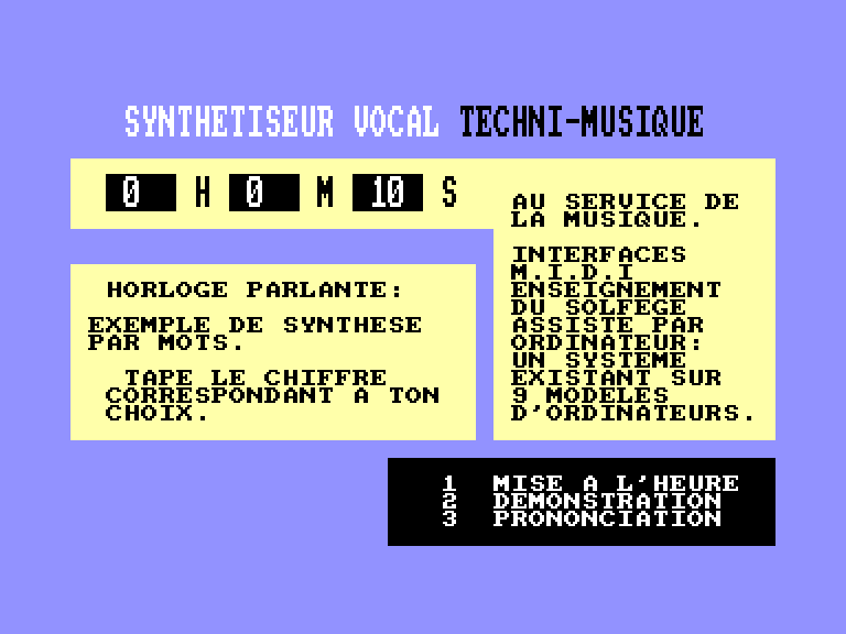 screenshot of the Amstrad CPC game Techni Musique - Synthetiseur Vocal by GameBase CPC