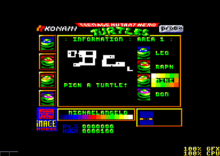 screenshot of the Amstrad CPC game Teenage Mutant Hero Turtles by GameBase CPC