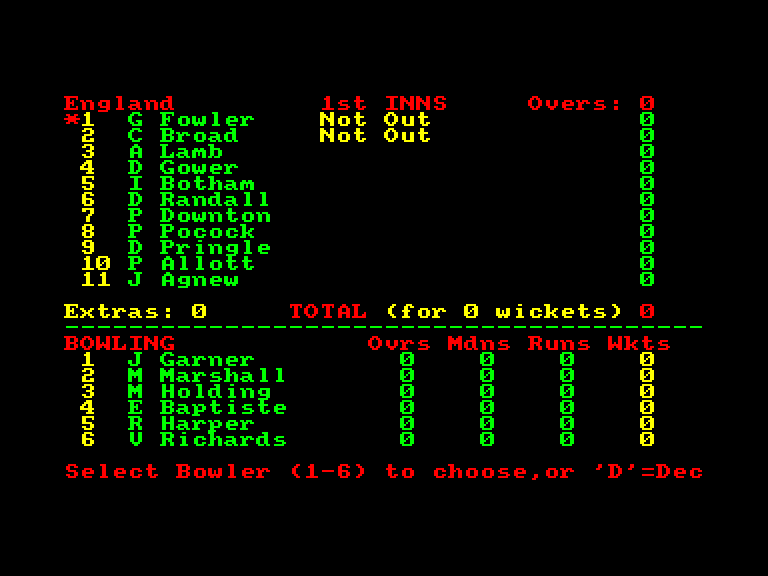 screenshot of the Amstrad CPC game Test match cricket by GameBase CPC