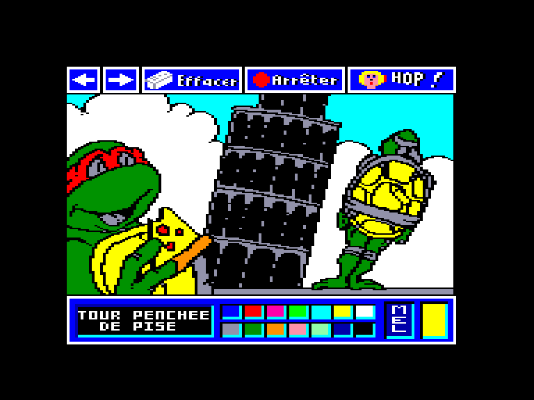 screenshot of the Amstrad CPC game Teenage Mutant Hero Turtles World Tour by GameBase CPC
