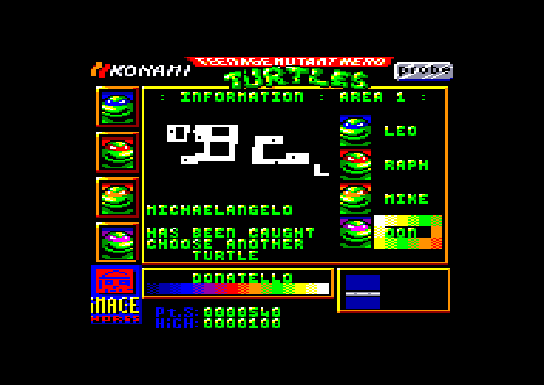 screenshot of the Amstrad CPC game Teenage Mutant Hero Turtles by GameBase CPC