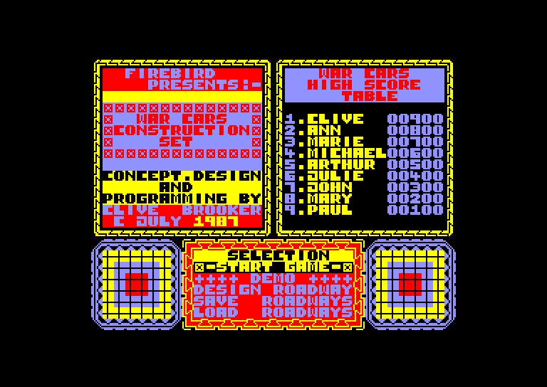 screenshot of the Amstrad CPC game War cars construction set by GameBase CPC