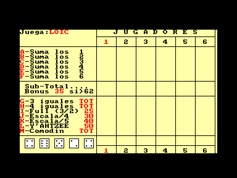 screenshot of the Amstrad CPC game Y'ahtzee  by GameBase CPC