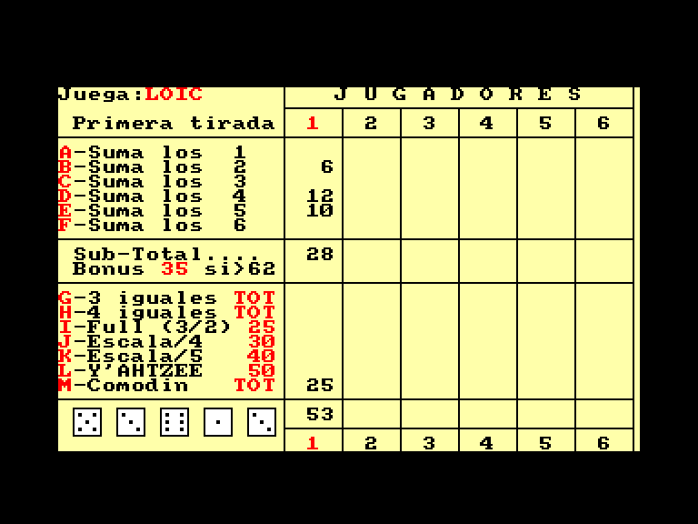 screenshot of the Amstrad CPC game Y'ahtzee  by GameBase CPC