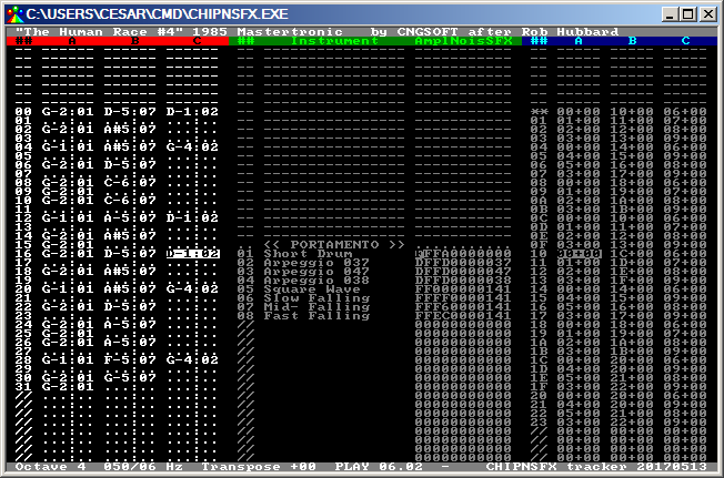 screenshot of the CHIPNSFX tracker by CNGSoft