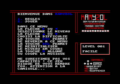 écran de menu du jeu de réflexion Amstrad CPC : Kamyzol