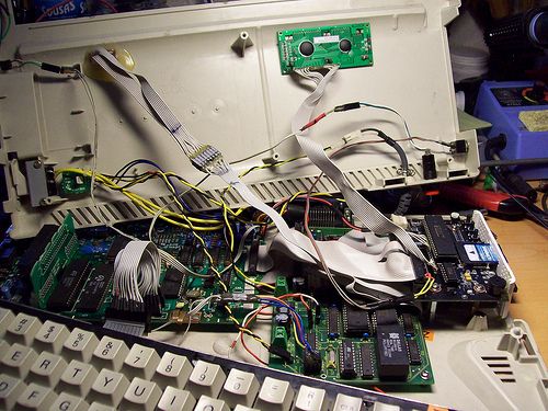 inside of a modded Amstrad CPC+ with HxC floppy emulator and Symbiface