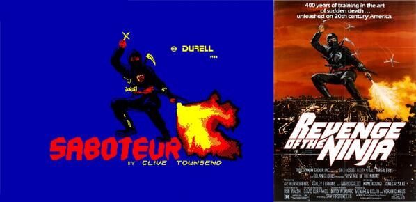 loading screen of the Amstrad CPC game Saboteur and movie poster of Revenge of the Ninja