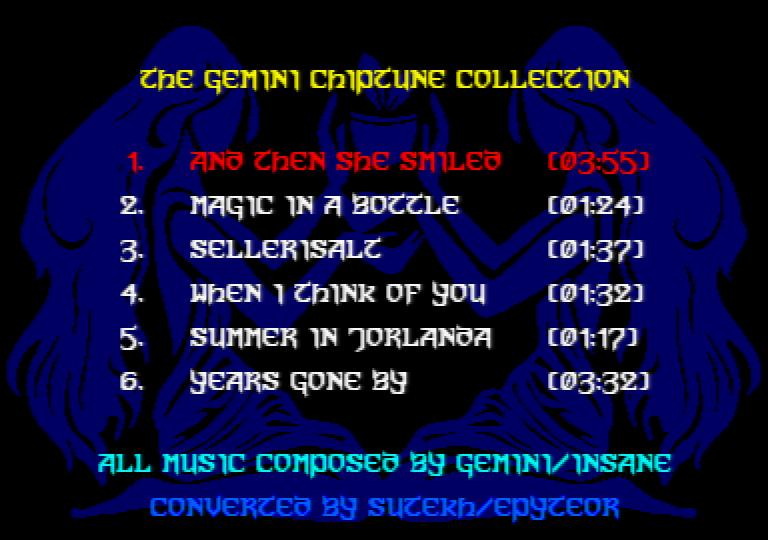 menu of the Amstrad CPC music disk the Gemini chiptune collection by Sutekh